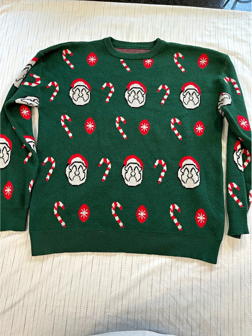 Manfinity Men’s XL Green Knit Crew Neck Pullover Sweater Santa Candy Cane